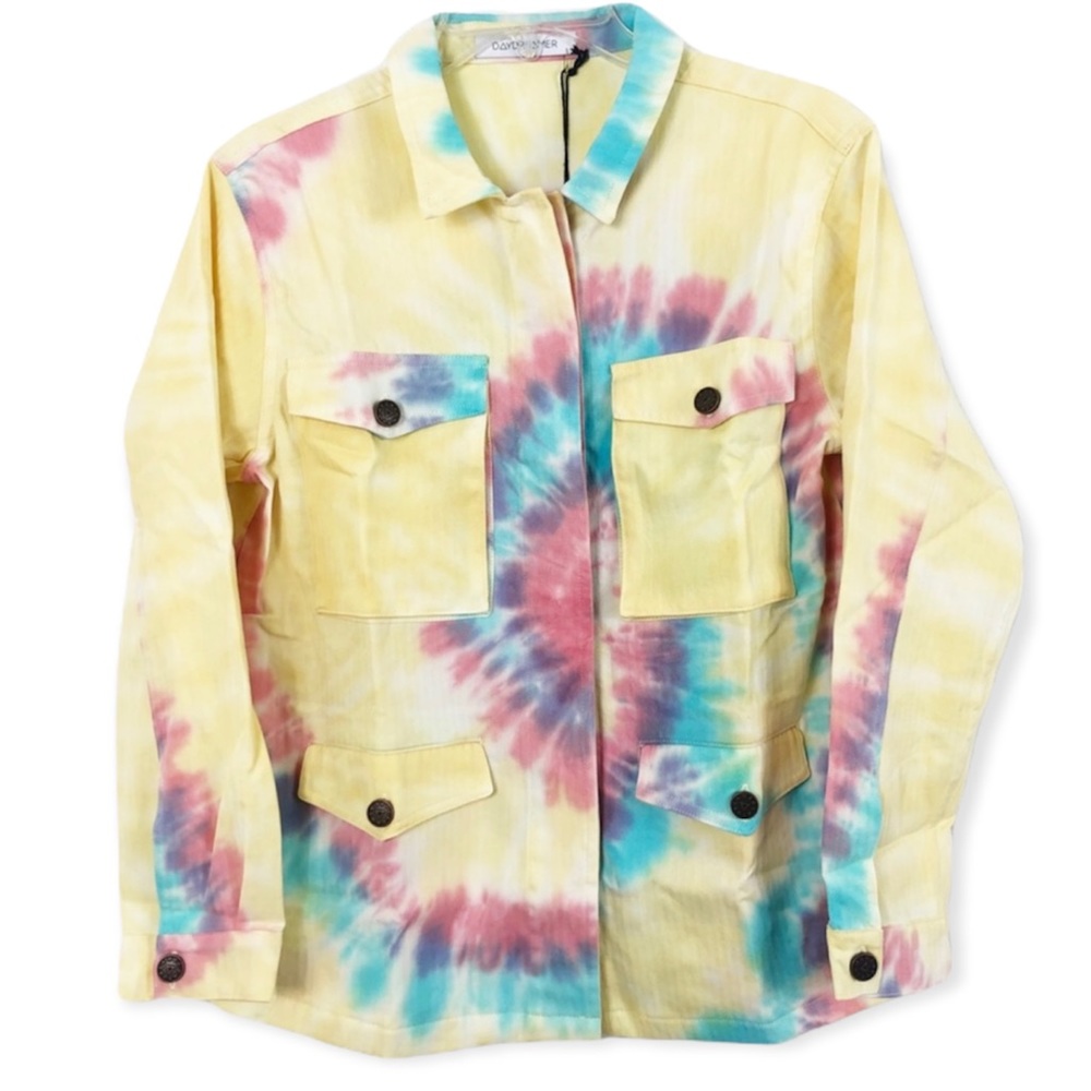 DAYDREAMER Tie Dye Jacket Snow Cone Denim White Rainbow Swirl Patch Pockets